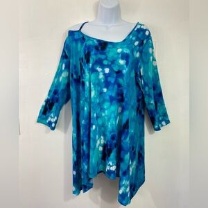 Clara Sun Woo Cutout Neckline Asymmetrical Hem Tunic Top Blue Print XL Artsy
